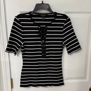WHBM Black and White Striped Short Sleeve Top